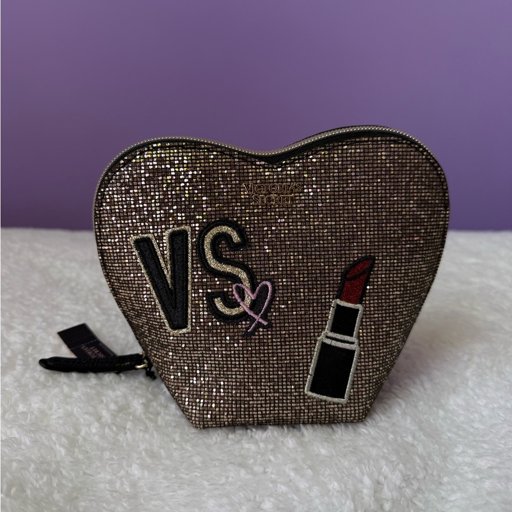 Victoria's Secret Glitter Heart Pouch - Rose Gold and Black Accents